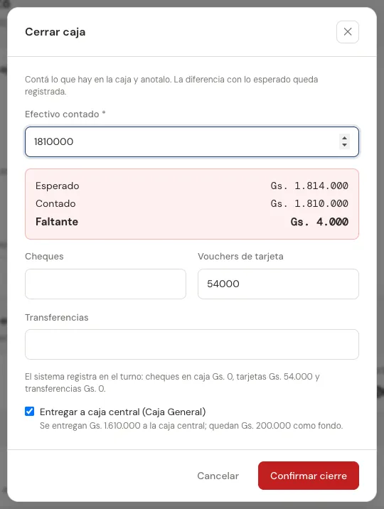 Ventana Cerrar caja con esperado, contado y diferencia