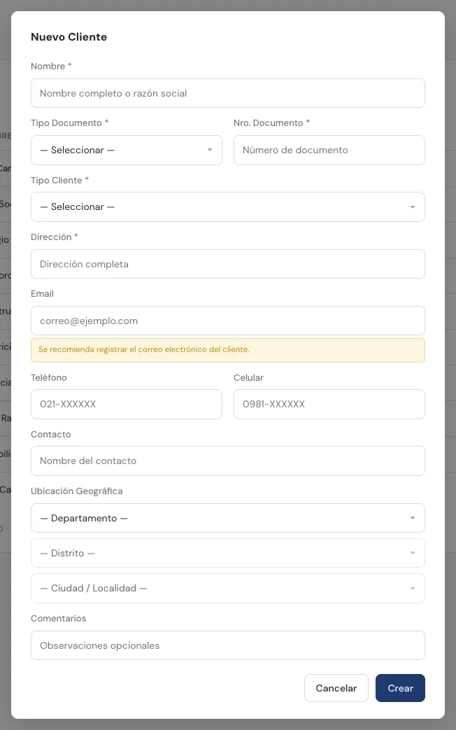 Formulario Nuevo Cliente con la verificación del RUC