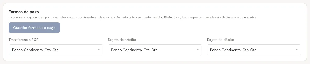 Recuadro Formas de pago en la pantalla Cuentas