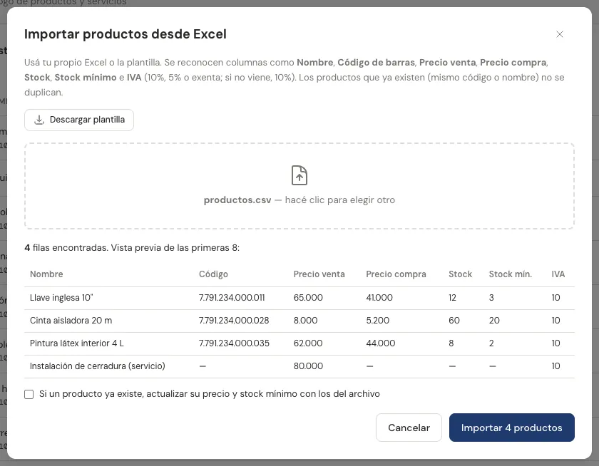Ventana Importar productos desde Excel con la vista previa