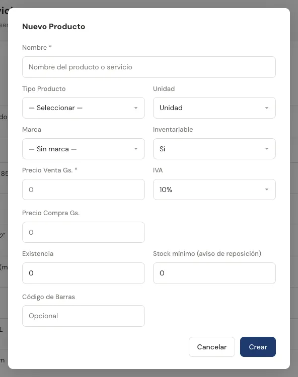 Formulario Nuevo Producto