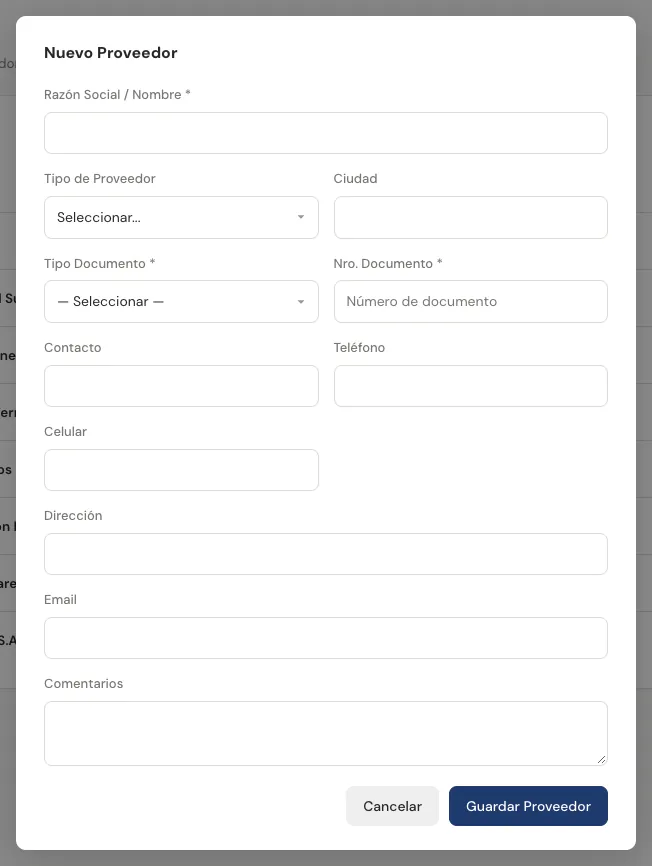 Formulario Nuevo Proveedor