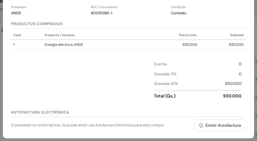 Sección Autofactura Electrónica en el detalle de una compra