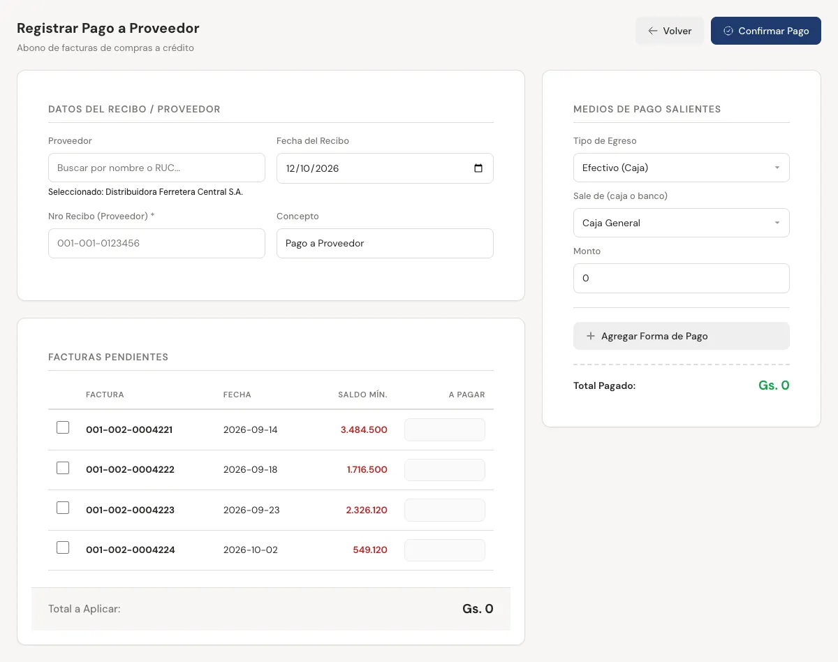 Pantalla Registrar Pago a Proveedor