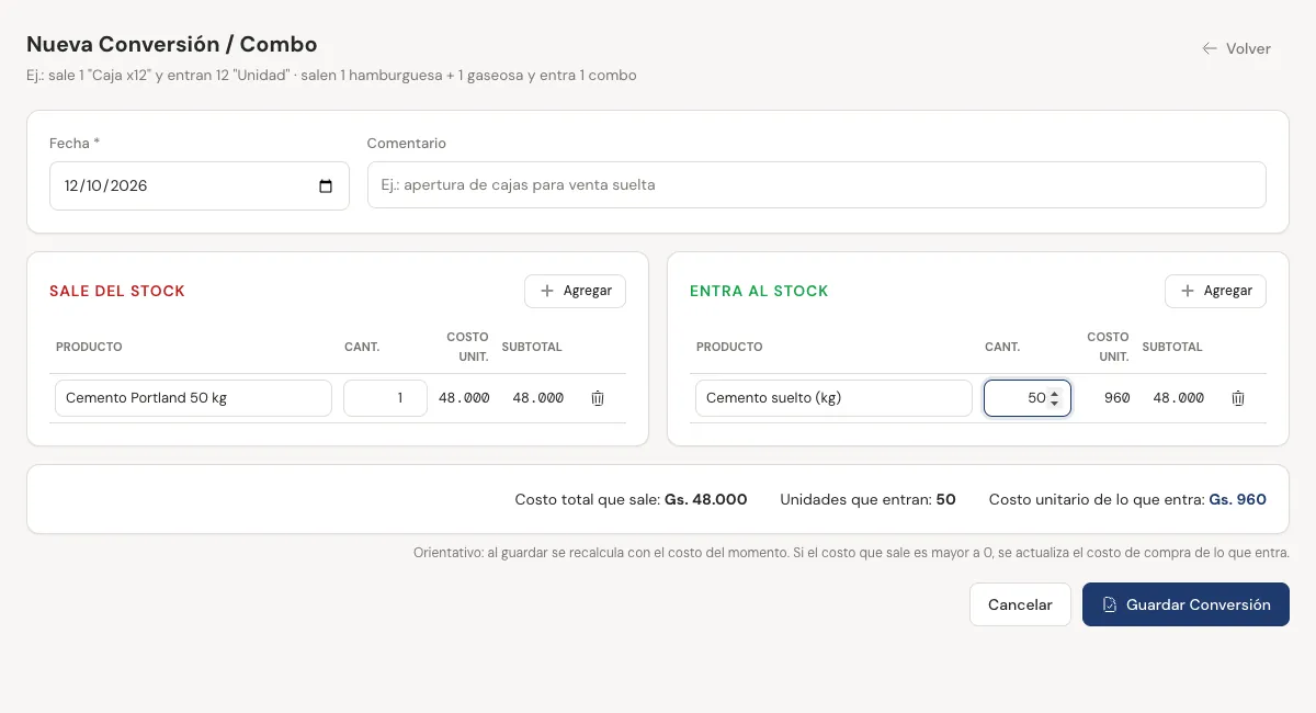 Pantalla Nueva Conversión / Combo con lo que sale y lo que entra