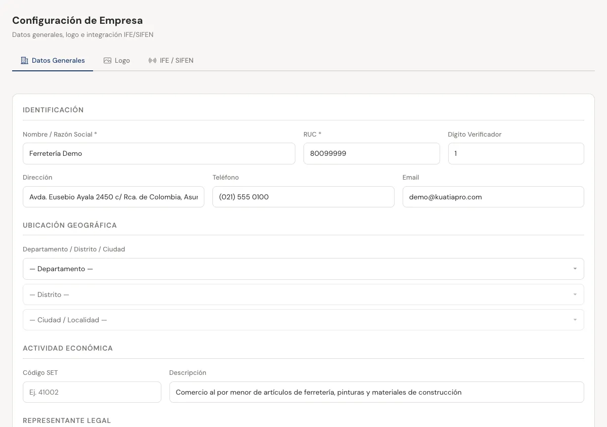Pestaña Datos Generales de la configuración de empresa