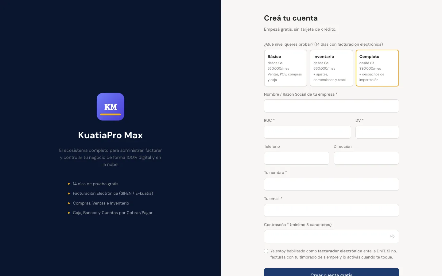 Formulario de registro de KuatiaPro Max con los tres niveles