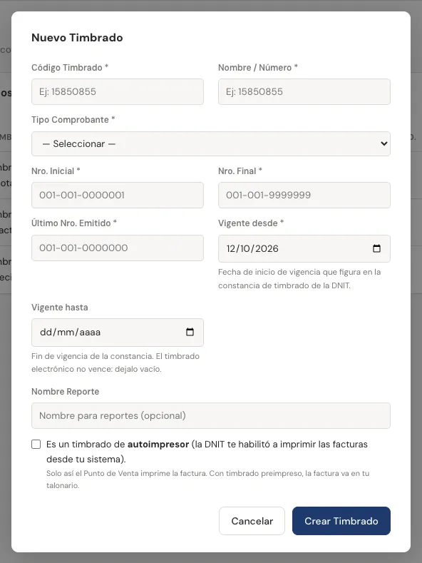 Formulario Nuevo Timbrado