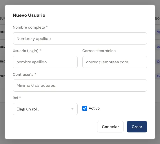 Formulario Nuevo Usuario con la elección del rol