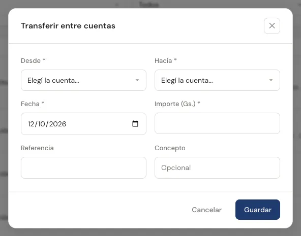 Ventana Transferir entre cuentas