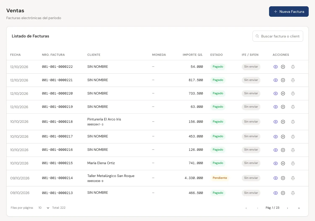 Lista de Ventas con la columna IFE / SIFEN